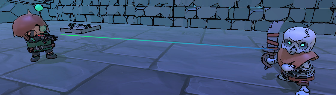 The main character wielding a gun with an aiming reticle.