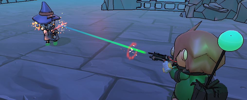 The main character in combat against an enemy mage.