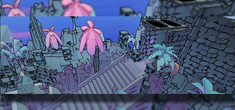 A 3D fortress in a colorful rainforest environment.